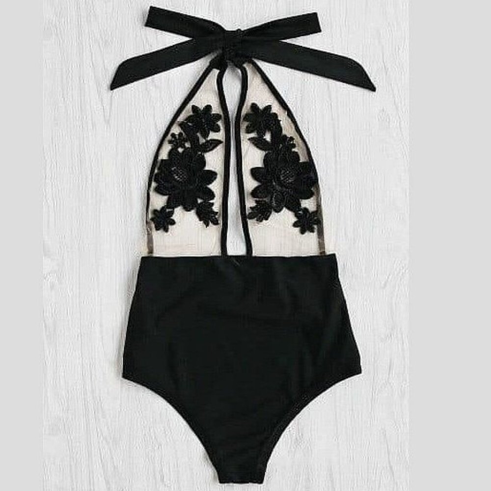 Zaful Lace Halter High-Waist One-Piece Swimwear